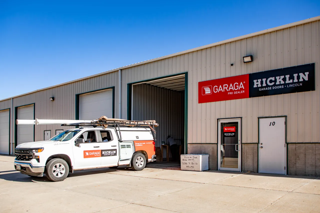 Hicklin Lincoln Garage Doors office with its truck in front